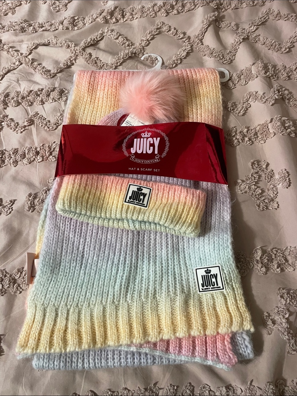 Juicy Couture Pastel Rainbow Knit Hat & Scarf Set with Pink Pom